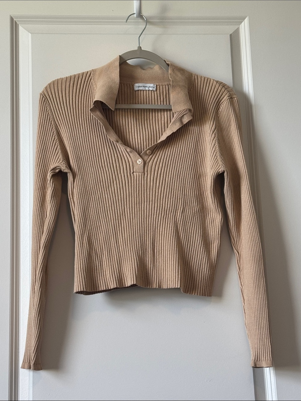 Calvin Klein Tan Ribbed Long-Sleeve Crop Polo